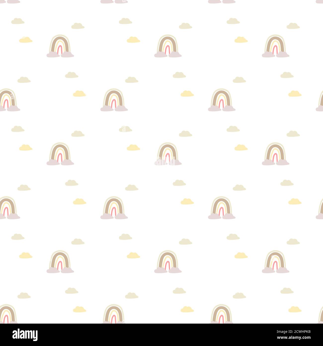 Illustrazione perfetta di un simpatico arcobaleno con nuvole. Disegni decorativi a mano su sfondo bianco. Design scandinavo. Collezione bambini per Illustrazione Vettoriale