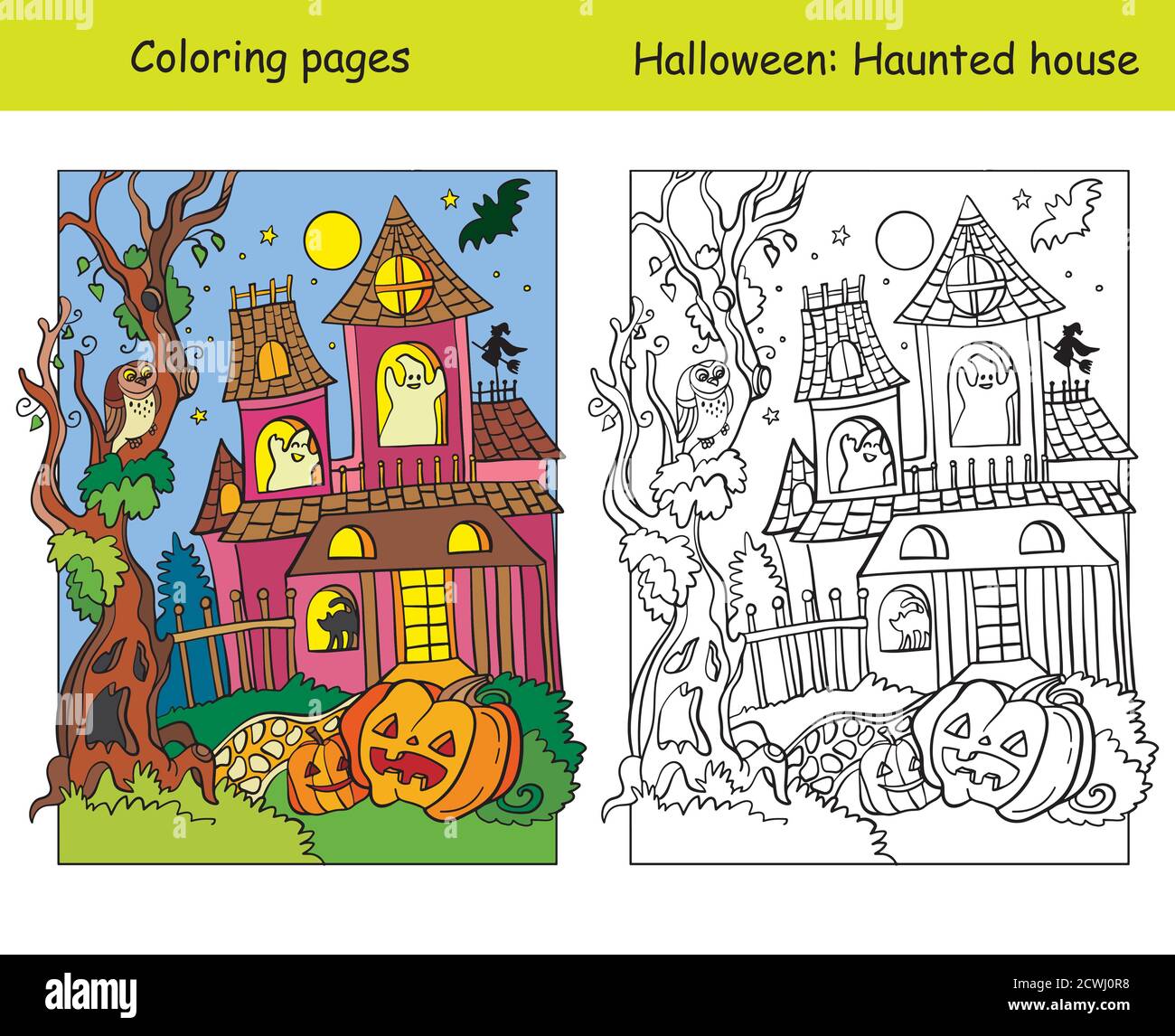 Colorazione Halloween casa infestata con esempio colorato Illustrazione Vettoriale