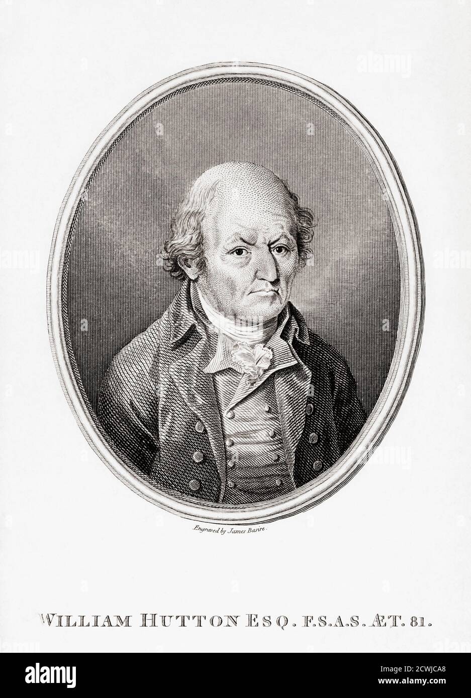William Hutton, 1723 - 1815, bookseller, poeta, storico e scrittore di viaggi inglese. Fu il primo storico importante della città di Birmingham e fu autore di un libro, History of Birmingham nel 1781. Dopo un'incisione di James Basire datata 1804. Foto Stock