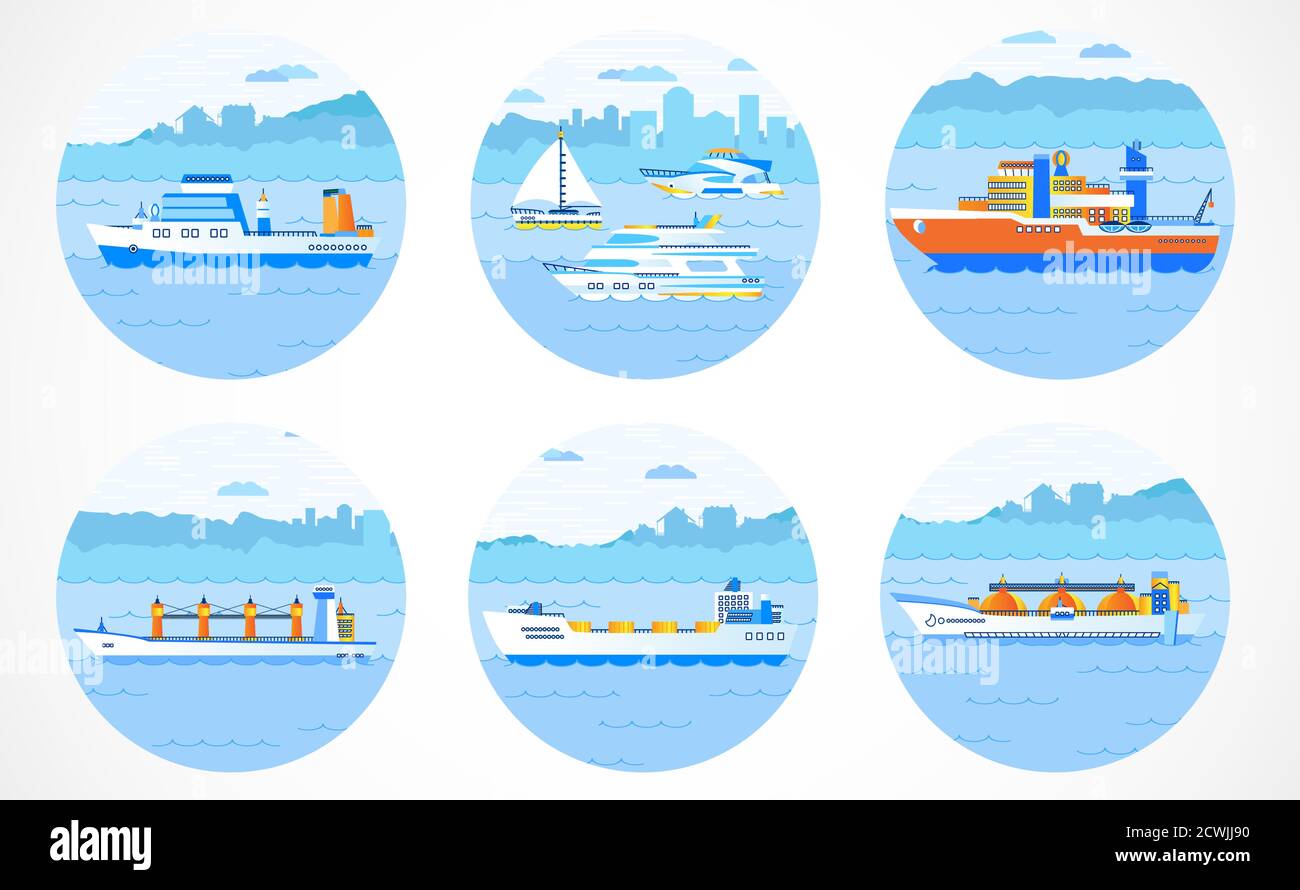 Insieme vettoriale di icone rotonde con navi: Autocisterna, portarinfuse, nave da carico a secco, rompighiaccio, peschereccio, yacht, barca a vela. Colorato. Vedere altri gruppi di ic Illustrazione Vettoriale