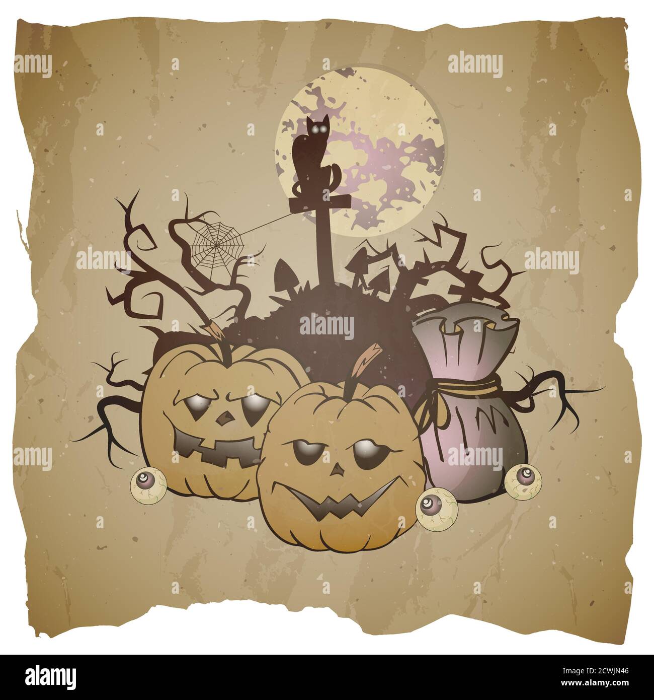 Vettore Halloween illustrazione con grinning Pumpkins e castello su sfondo grunge. Illustrazione Vettoriale