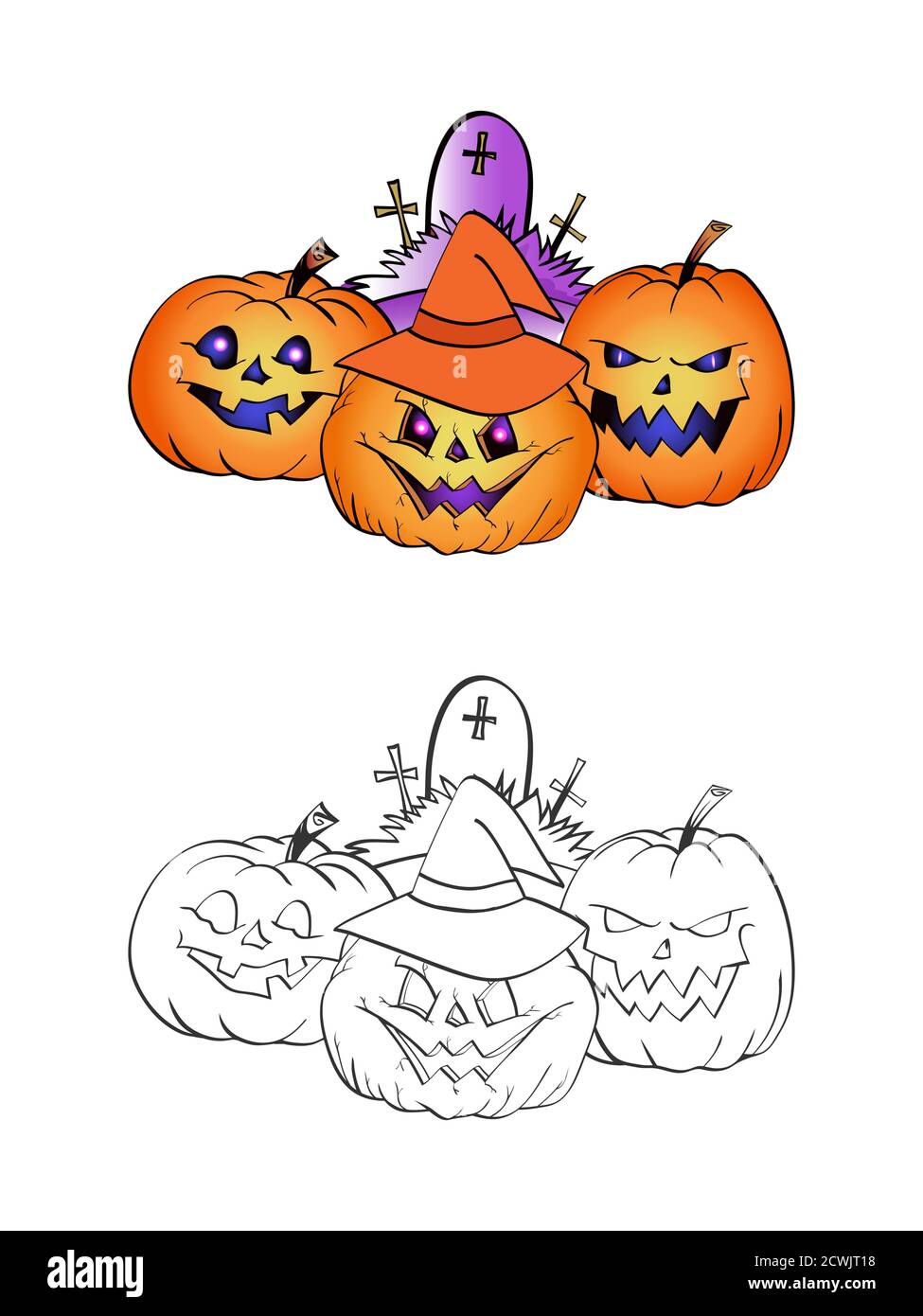 Illustrazione di Halloween con zucche sorridenti, cappello di strega e  tomba su uno sfondo bianco. Due varianti: A colori e monocromatica. Pagina  di libro da colorare. VEC Immagine e Vettoriale - Alamy