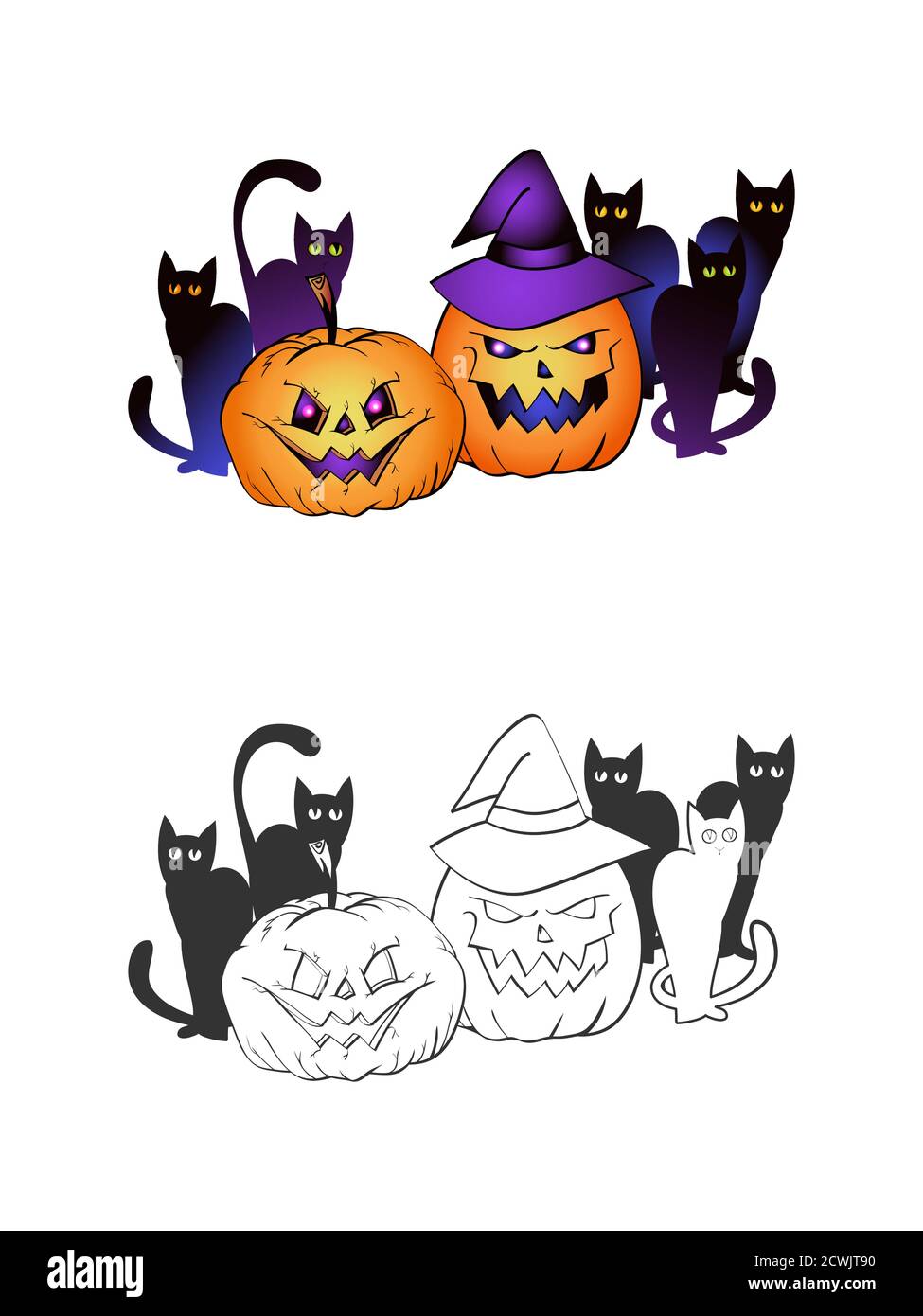 Illustrazione di Halloween con zucche sorridenti, gatti neri e cappello di strega su sfondo bianco. Due varianti: A colori e monocromatica. Pagina di libro da colorare Illustrazione Vettoriale