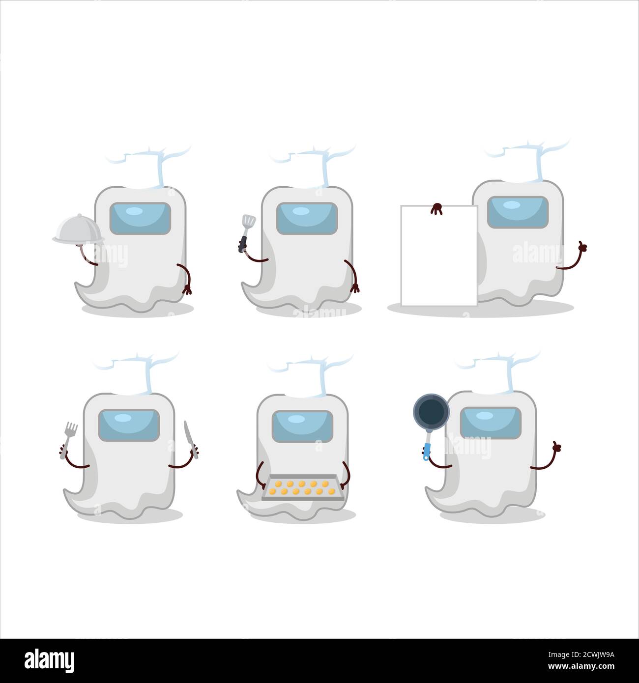 Personaggio cartoon di fantasma tra noi bianco con vari chef emoticon Illustrazione Vettoriale