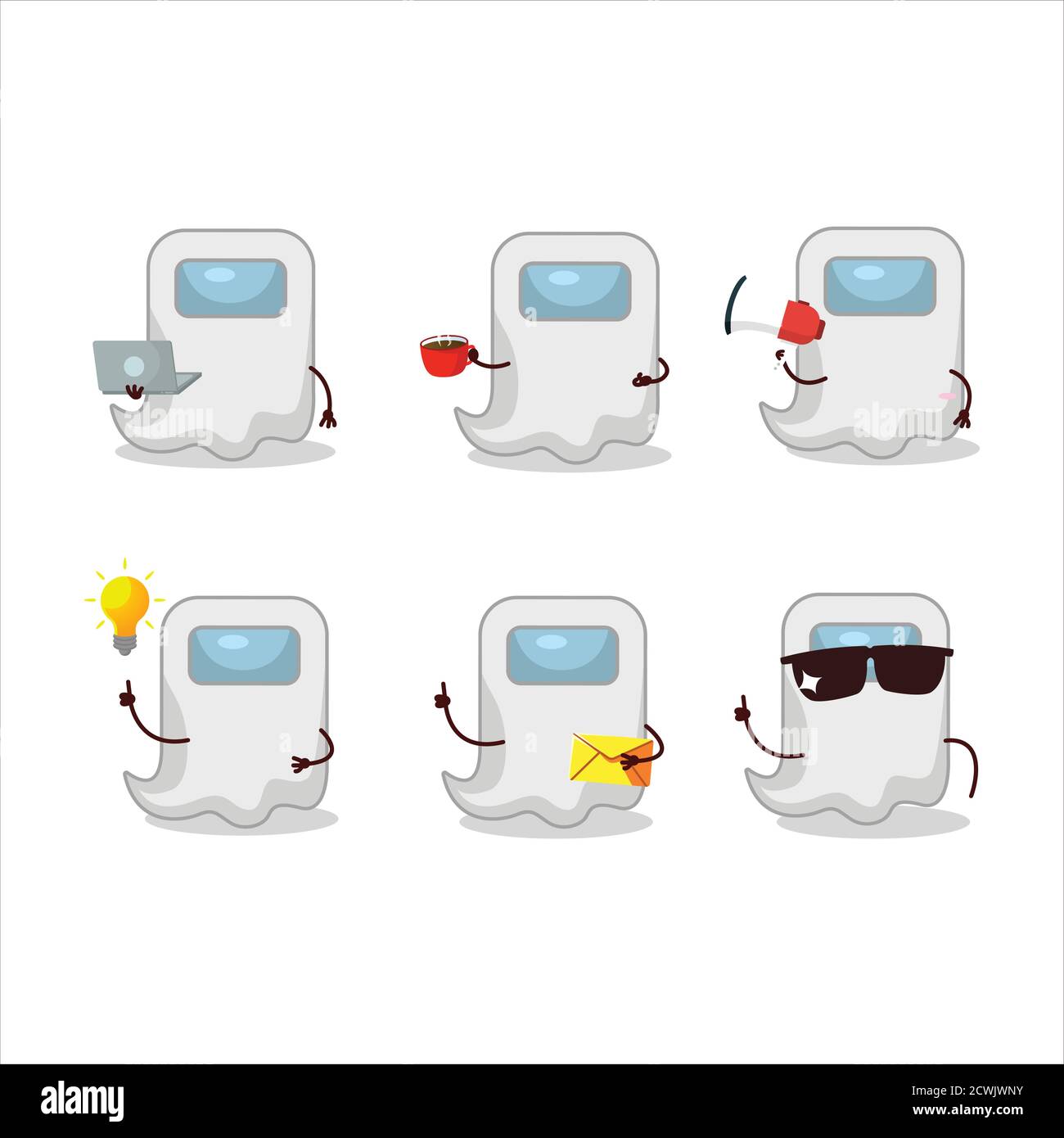 Ghost Among US personaggio cartoon bianco con vari tipi di emoticon aziendali Illustrazione Vettoriale