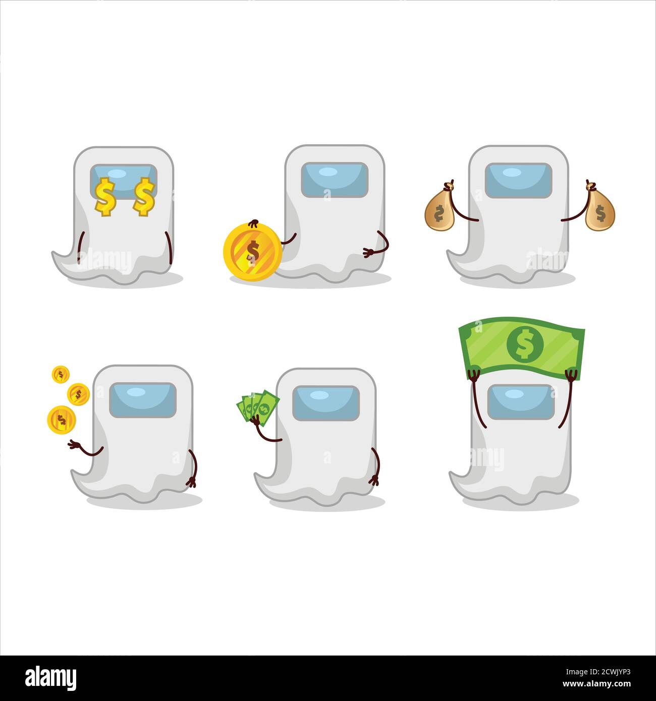 Ghost Among US personaggio cartoon bianco con simpatico emoticon portare denaro Illustrazione Vettoriale