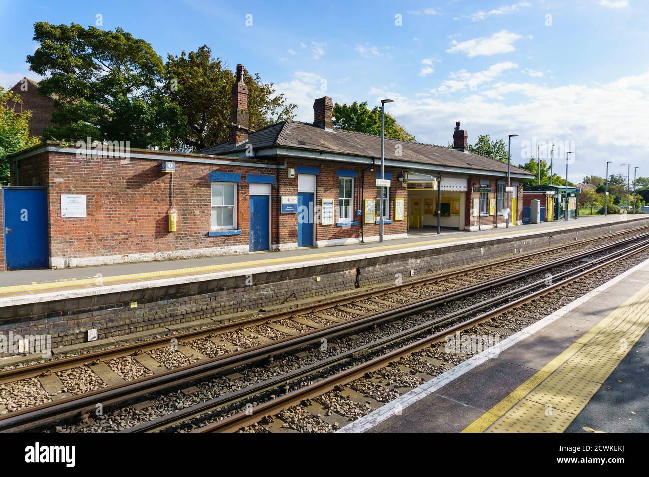 Stazione ferroviaria di Aughton West Lancashire, Inghilterra, sul ramo Ormskirk della Merseyrail Northern Line Foto Stock