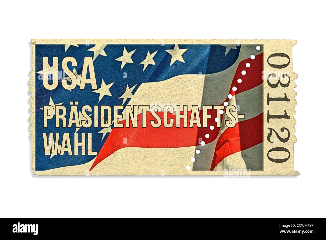 Germania. 29 Settembre 2020. Biglietto d'ingresso simbolico con una bandiera nazionale americana sventolante per le 59a elezioni presidenziali negli Stati Uniti il 3 novembre 2020. Le elezioni sono in carica Donald Trump per i repubblicani e Joe Biden per i democratici. Jo Jorgensen competerà anche per i liberali (Partito Libertario) e per i Verdi (Partito Verde). Attenzione: Non è un vero biglietto! | utilizzo in tutto il mondo credito: dpa/Alamy Live News Foto Stock