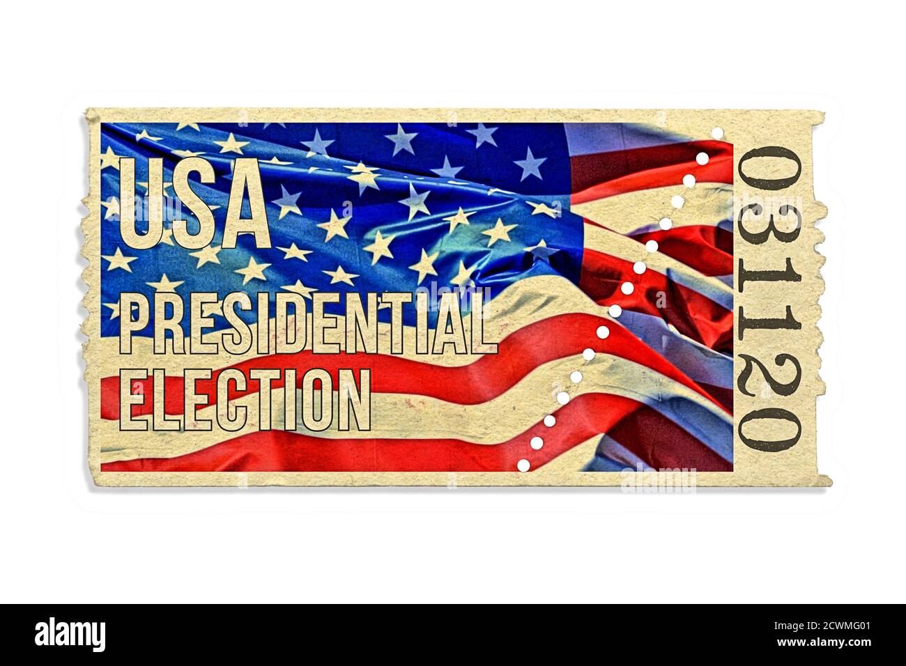 Germania. 29 Settembre 2020. Biglietto d'ingresso simbolico con una bandiera nazionale americana sventolante per le 59a elezioni presidenziali negli Stati Uniti il 3 novembre 2020. Le elezioni sono in carica Donald Trump per i repubblicani e Joe Biden per i democratici. Jo Jorgensen competerà anche per i liberali (Partito Libertario) e per i Verdi (Partito Verde). Attenzione: Non è un vero biglietto! | utilizzo in tutto il mondo credito: dpa/Alamy Live News Foto Stock