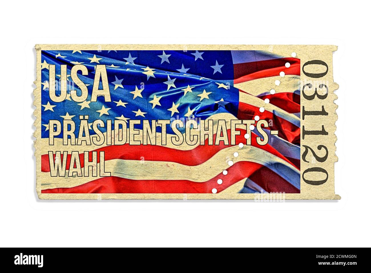Germania. 29 Settembre 2020. Biglietto d'ingresso simbolico con una bandiera nazionale americana sventolante per le 59a elezioni presidenziali negli Stati Uniti il 3 novembre 2020. Le elezioni sono in carica Donald Trump per i repubblicani e Joe Biden per i democratici. Jo Jorgensen competerà anche per i liberali (Partito Libertario) e per i Verdi (Partito Verde). Attenzione: Non è un vero biglietto! | utilizzo in tutto il mondo credito: dpa/Alamy Live News Foto Stock