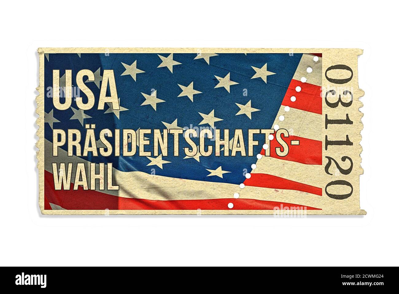 Germania. 29 Settembre 2020. Biglietto d'ingresso simbolico con una bandiera nazionale americana sventolante per le 59a elezioni presidenziali negli Stati Uniti il 3 novembre 2020. Le elezioni sono in carica Donald Trump per i repubblicani e Joe Biden per i democratici. Jo Jorgensen competerà anche per i liberali (Partito Libertario) e per i Verdi (Partito Verde). Attenzione: Non è un vero biglietto! | utilizzo in tutto il mondo credito: dpa/Alamy Live News Foto Stock