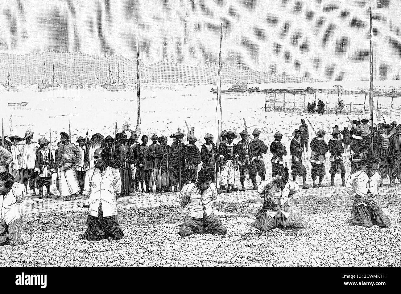 Esecuzione di pirati in Cina. Circa 1890. Illustrazione antica. 1891. Foto Stock