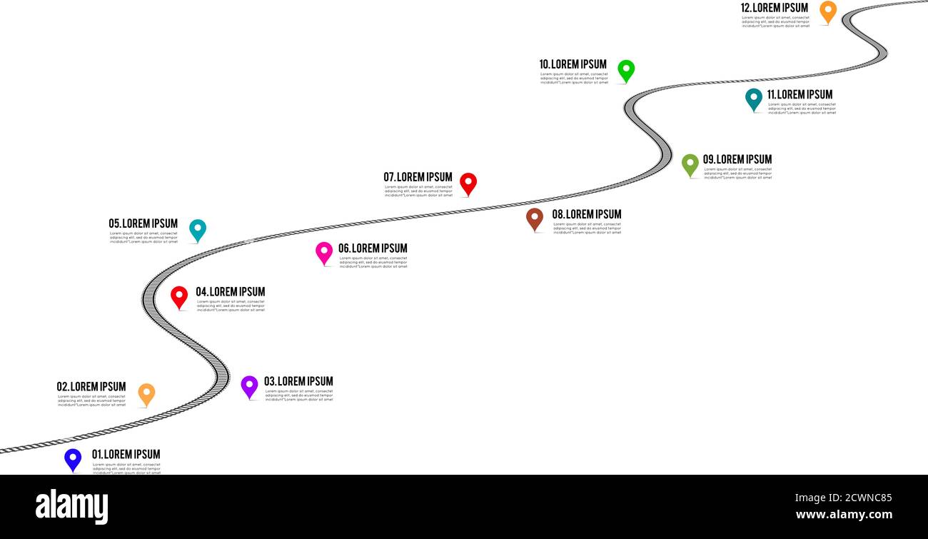 Illustrazione vettoriale 3d della timeline ferroviaria. Infografica su bianco Illustrazione Vettoriale