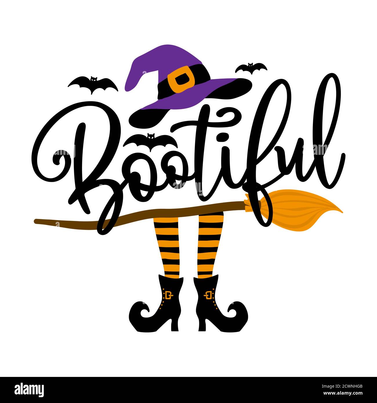 Bootiful (bel boo) - citazione di Halloween su sfondo bianco con scopa, pipistrelli e cappello di strega. Buono per t-shirt, tazza, prenotazione rottami, regalo, stampa pr Illustrazione Vettoriale