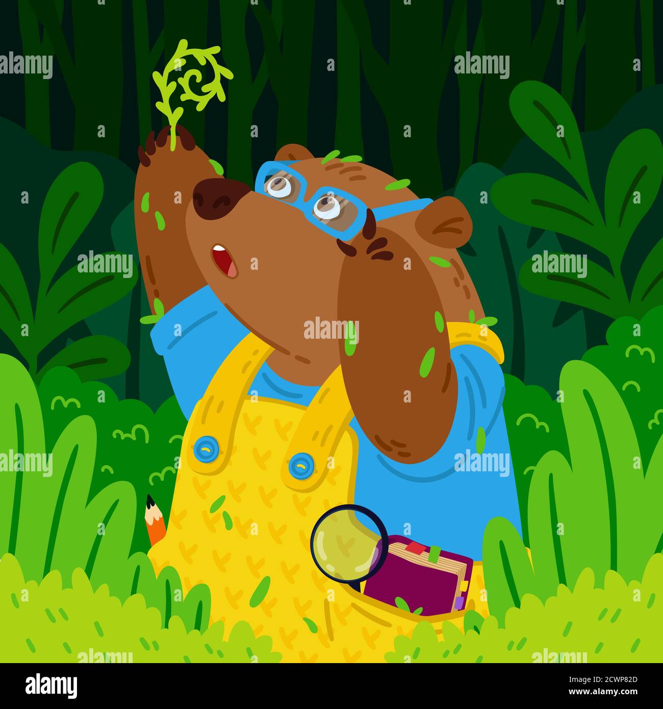 Cute orsetto botanico in occhiali, esplora nuove piante. Giardinaggio grizzly. Animale nella foresta. Illustrazione vettoriale per bambini per libri e vivaio p Illustrazione Vettoriale