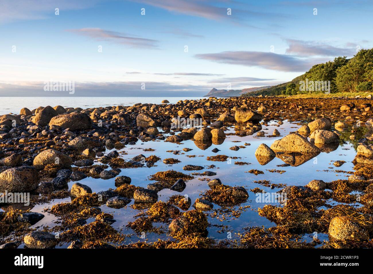 Costa rocciosa all'alba vicino a Corrie, Isola di Arran, Scozia, Regno Unito Foto Stock