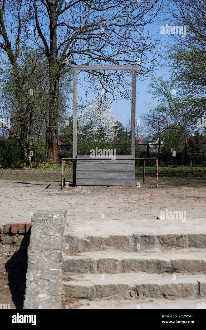 Sito del centro di interrogatorio del campo di Gestapo ad Auschwitz e. Gallows dove Rudolf Hess fu impiccato il 16 aprile 1947 Foto Stock