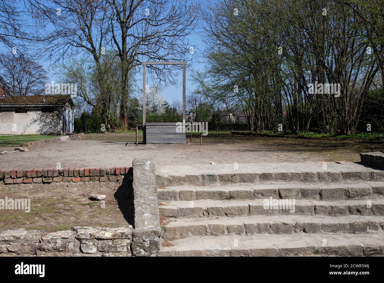 Sito del centro di interrogatorio del campo di Gestapo ad Auschwitz e. Gallows dove Rudolf Hess fu impiccato il 16 aprile 1947 Foto Stock