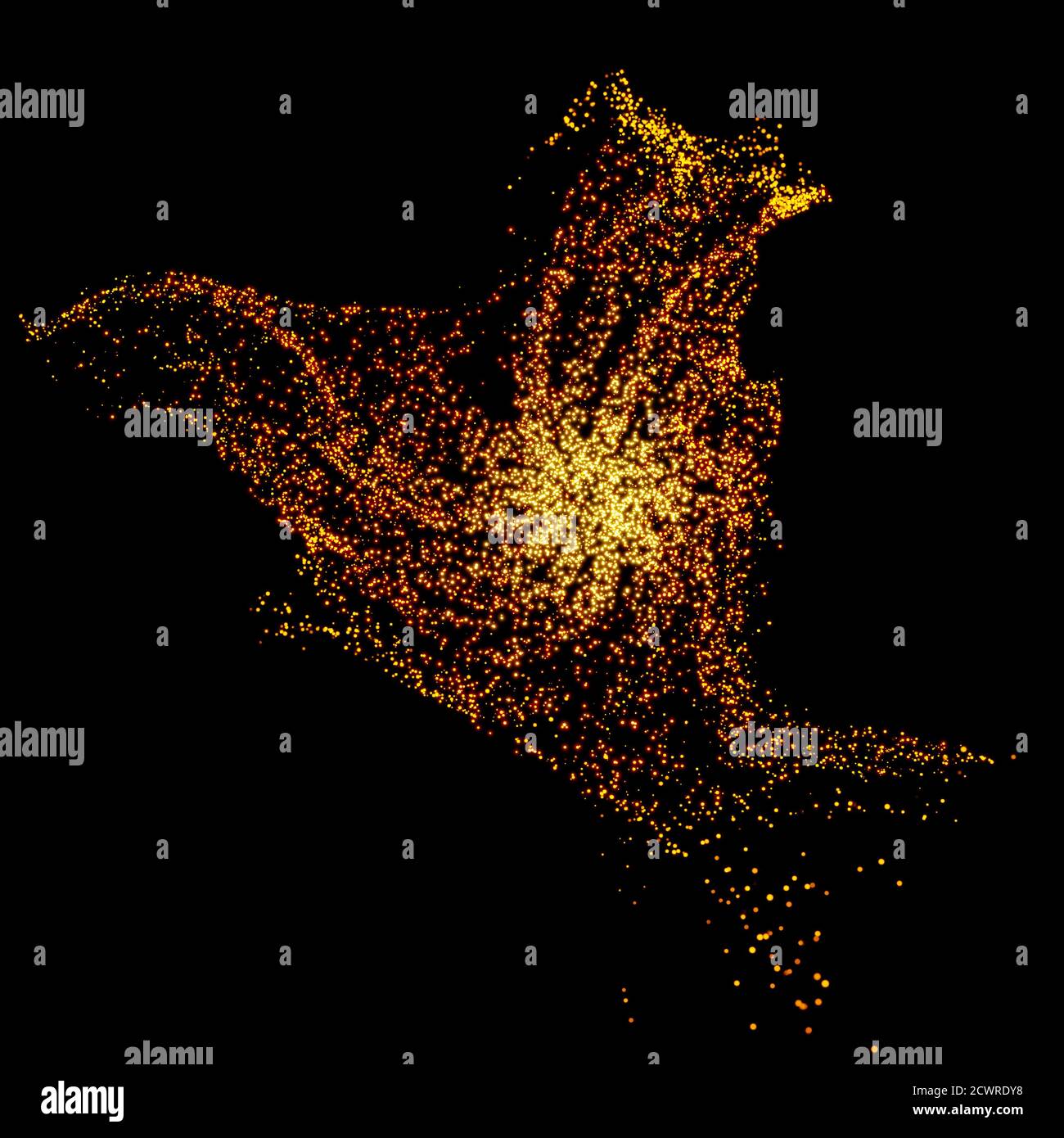 nuvola incandescente 3d di stelle e punti arancioni e gialli, illustrazione 3d Foto Stock