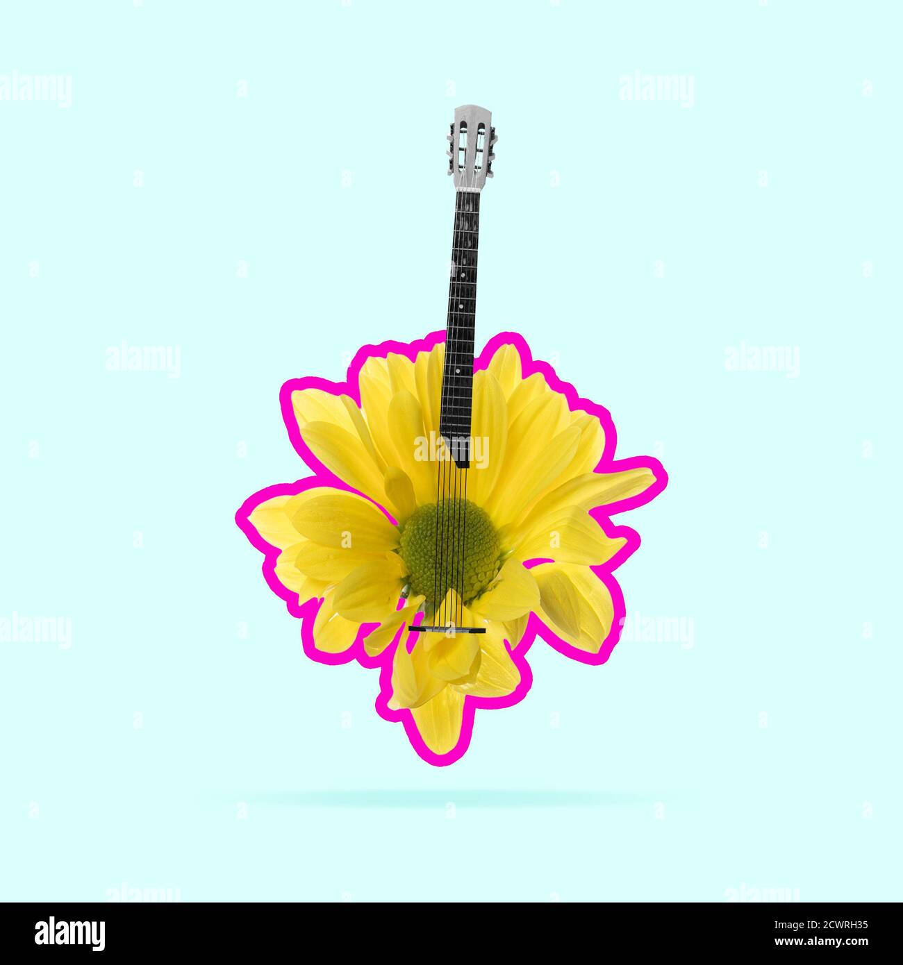 Suono floreale delle canzoni preferite. Fiore giallo con profilo rosa come un corpo di chitarra acustica su sfondo chiaro. CopySpace, design moderno. Collage d'arte contemporanea. Concetto di musica. Nuovo sguardo agli oggetti. Foto Stock