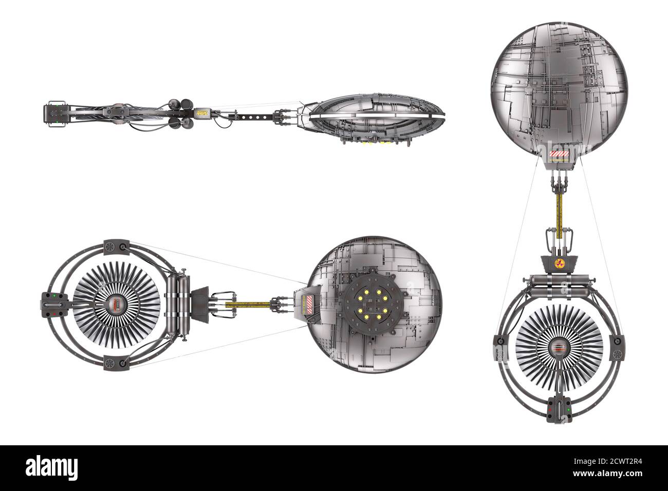Astronave, Stazione spaziale o veicolo spaziale Alien UFO in volo su sfondo bianco . Rendering 3d Foto Stock