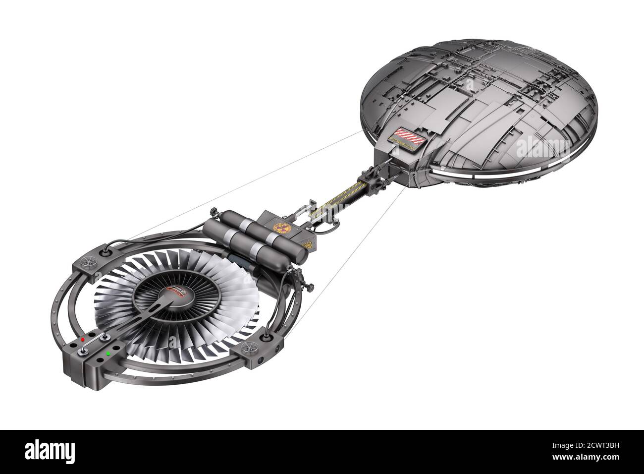 Astronave, Stazione spaziale o veicolo spaziale Alien UFO in volo su sfondo bianco . Rendering 3d Foto Stock
