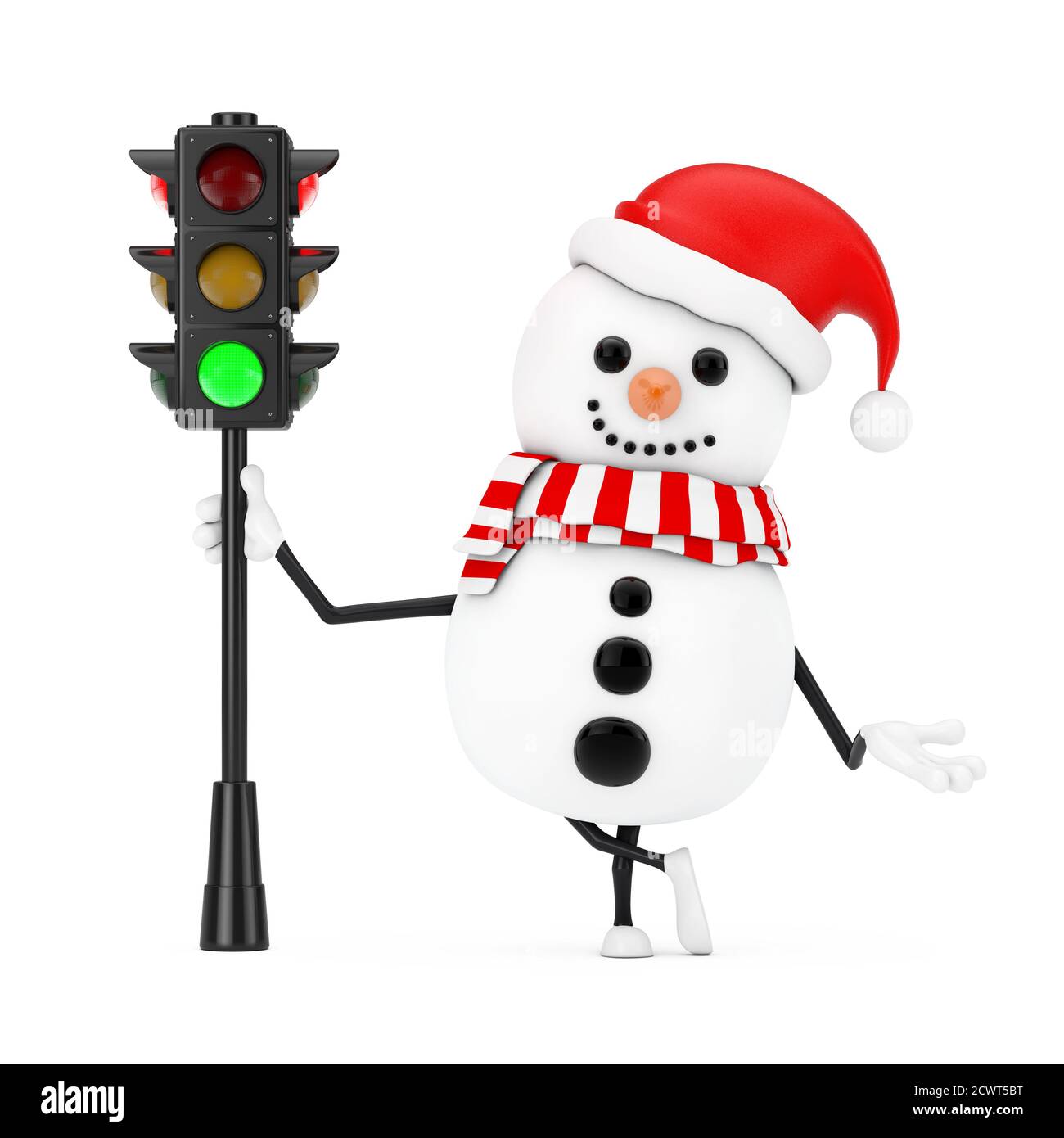 Pupazzo di neve in mascotte di personaggio Babbo Natale Hat con luce verde traffico su sfondo bianco. Rendering 3d Foto Stock