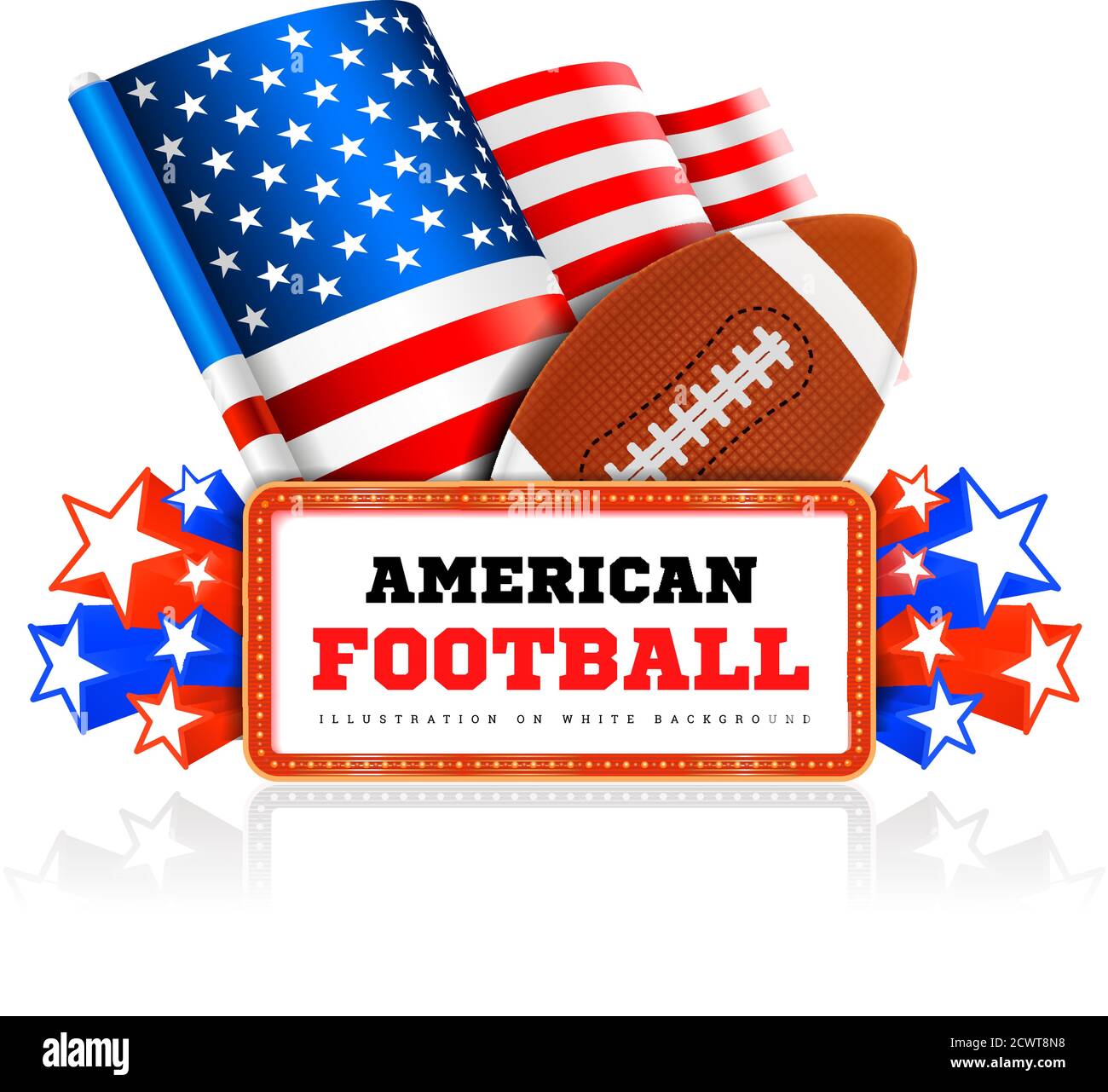 Annuncio del tabellone con pallone da calcio amercain e bandiera statunitense su bianco. Vettore Illustrazione Vettoriale
