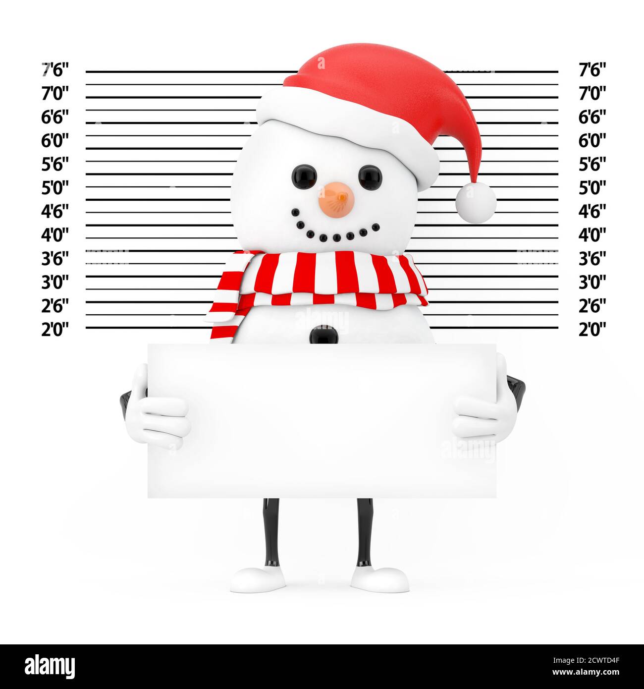 Pupazzo di neve in mascotte di personaggio Babbo Natale con targhetta di identificazione di fronte alla linea di polizia o Mugshot background closeup estremo. Rendering 3d Foto Stock