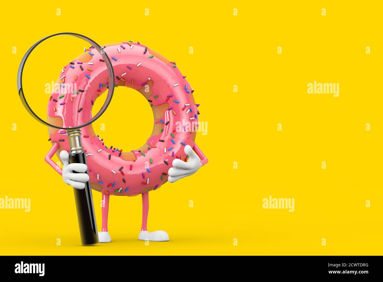Big Strawberry Pink Glassed Donut Mascot personaggio con lente d'ingrandimento su sfondo giallo. Rendering 3d Foto Stock