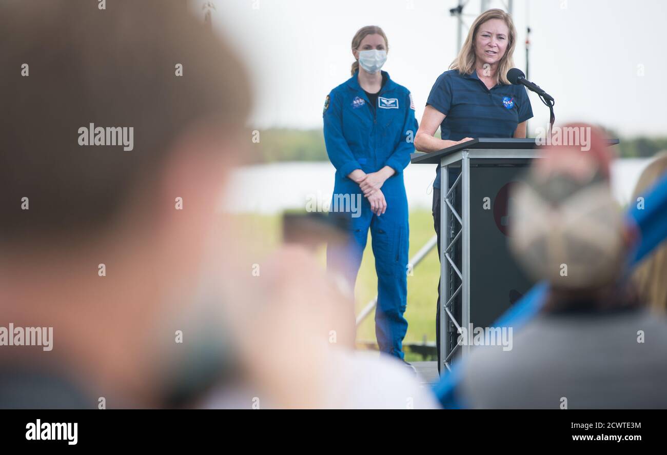 Il 29 luglio 2020, al Kennedy Space Center della NASA in Florida, il vice direttore Janet Petro ha partecipato a un briefing mediatico sul rover Mars 2020 Perseverance prima del suo lancio nel luglio 30. Il rover fa parte del Mars Exploration Program della NASA, volto a indagare sul pianeta Rosso. Foto Stock
