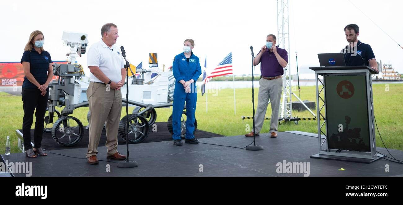 Il 29 luglio 2020, i funzionari della NASA tennero una sessione stampa al Kennedy Space Center, in Florida, prima del lancio del Mars 2020 Perseverance rover. Il rover fa parte del Mars Exploration Program della NASA e esplorerà il pianeta Rosso. Foto Stock