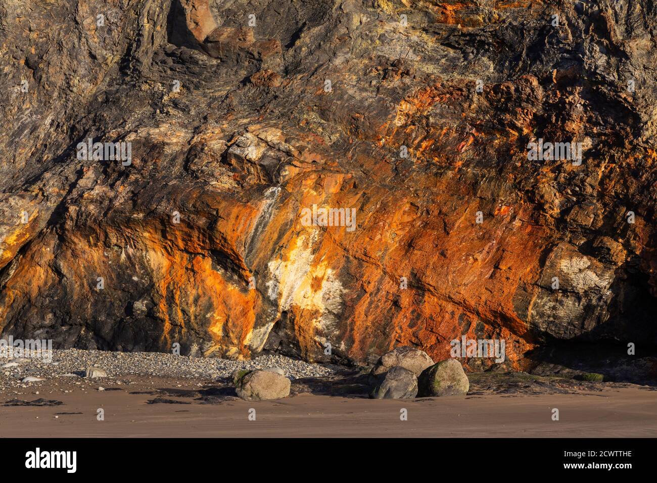 Primo piano della formazione rocciosa sulla spiaggia in Galles, Regno Unito Foto Stock