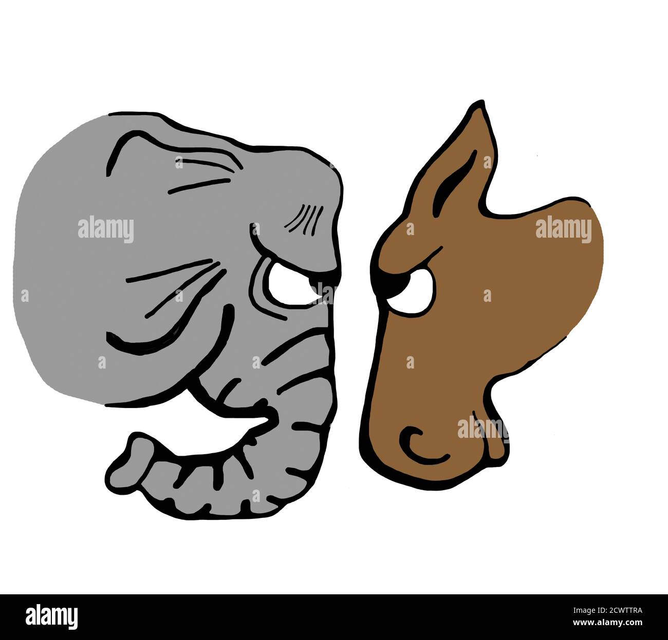 Un asino che guarda arrabbiato si affaccia su un elefante che guarda arrabbiato Foto Stock