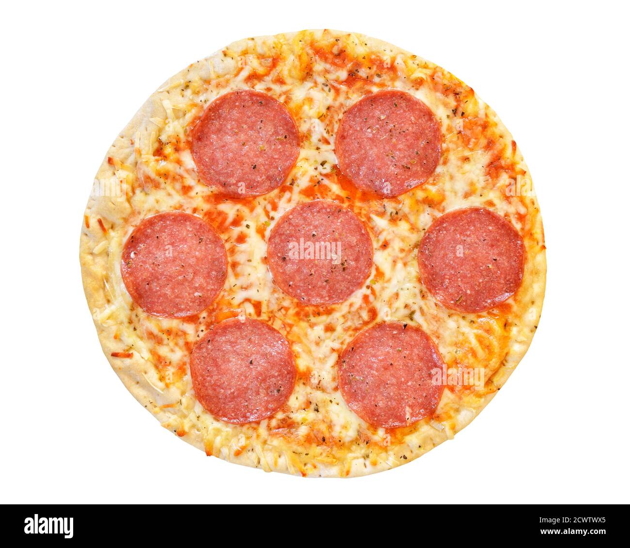 Pizza con Salame tagliata dall'alto Foto Stock