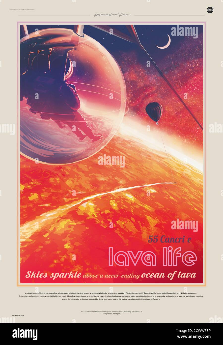L'Exoplanet Exploration Program della NASA immagina un viaggio verso l'esopianeta rosso 55 Cancri e, illustrandolo come una destinazione di viaggio futuristica in un poster in stile vintage, con esploratori che scivolano sopra una superficie ricoperta di lava. Foto Stock