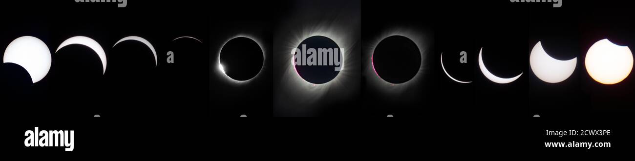 Total Solar Eclipse - 2 luglio 2019 la Luna si vede passare davanti al Sole durante un'eclissi solare totale martedì 2 luglio 2019, direttamente sopra l'Osservatorio Interamericano della National Science Foundation (NSF) Cerro Tololo. L'osservatorio si trova ai piedi delle Ande, a 7,241 piedi (2200 metri) sul livello del mare nella regione di Coquimbo, nel Cile settentrionale. Un'eclissi solare totale e parziale era visibile attraverso parti del Cile e dell'Argentina, mentre un'eclissi parziale era visibile in gran parte del Sud America. Foto Stock