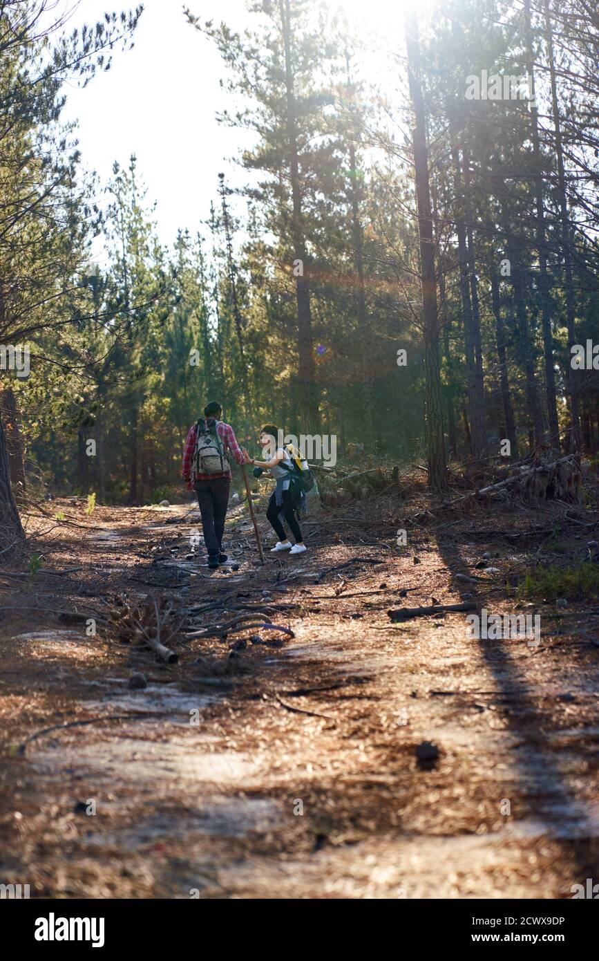 Coppia giovane escursioni nei boschi di sole Foto Stock