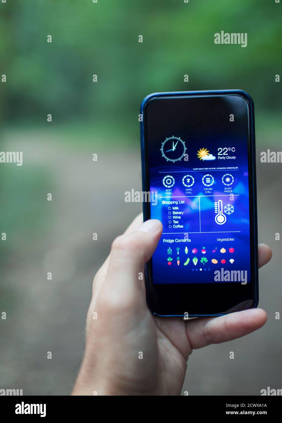 Primo piano dell'app di automazione domestica POV sullo schermo dello smartphone Foto Stock