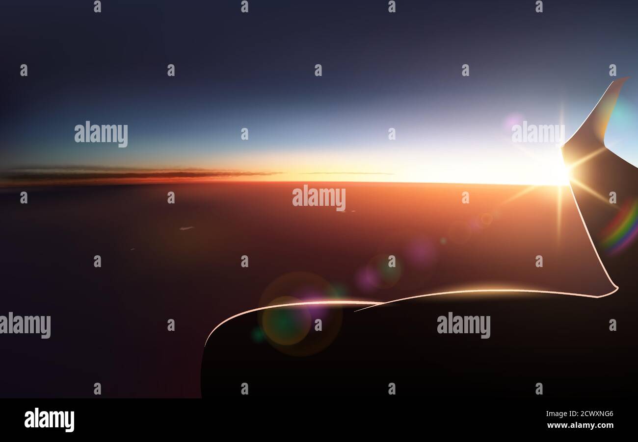 Vista vettoriale dal portolo della finestra dell'aereo. Ala e bella Dawn. Cielo chiaro e Terra scura visti dall'oblò della finestra. Passeggero della compagnia aerea. Destinazioni di vacanza. Vacanze estive. Spiaggia tropicale. Illustrazione Vettoriale