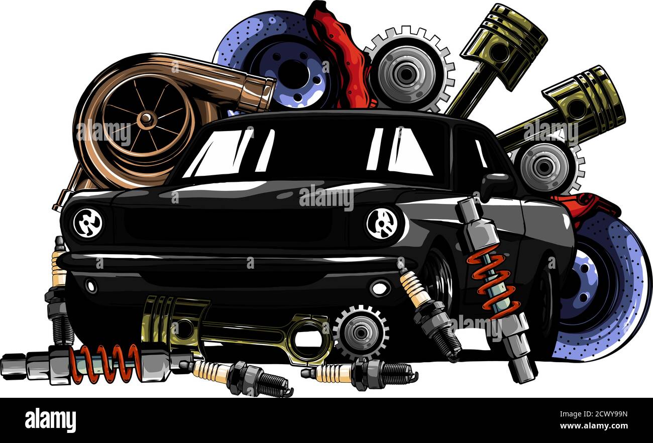 Sistema auto. Pezzi di ricambio. Auto realistica. Illustrazione vettoriale Illustrazione Vettoriale