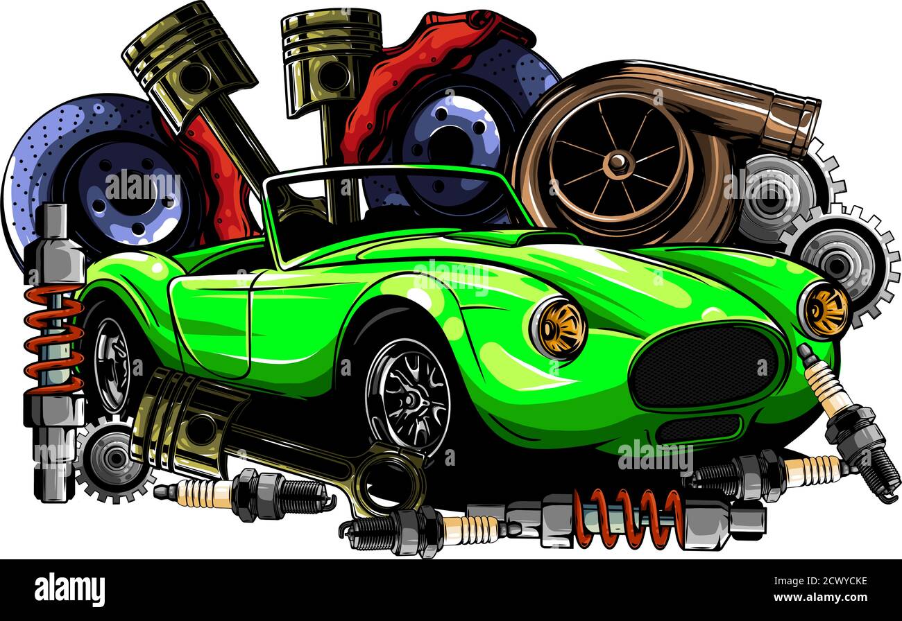Sistema auto. Pezzi di ricambio. Auto realistica. Illustrazione vettoriale Illustrazione Vettoriale