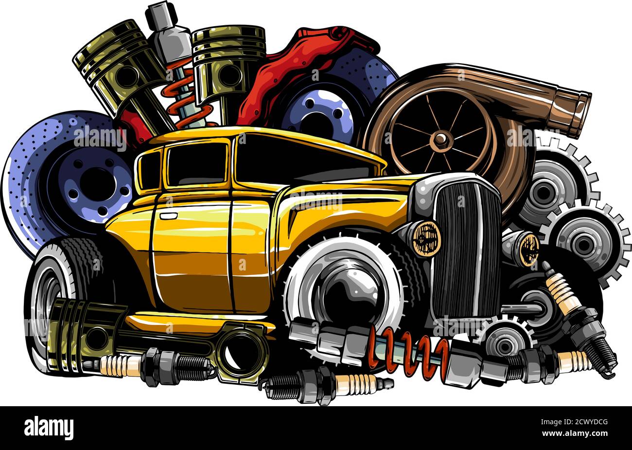 Sistema auto. Pezzi di ricambio. Auto realistica. Illustrazione vettoriale Illustrazione Vettoriale