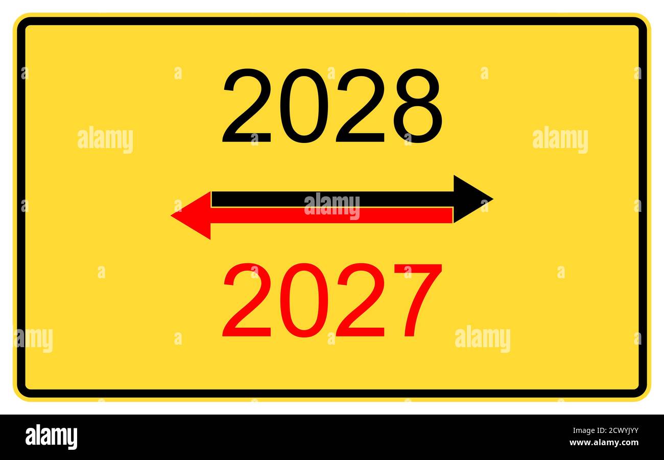 2028, 2027 nuovo anno.2028, 2027 nuovo anno su un cartellone stradale giallo. Foto Stock