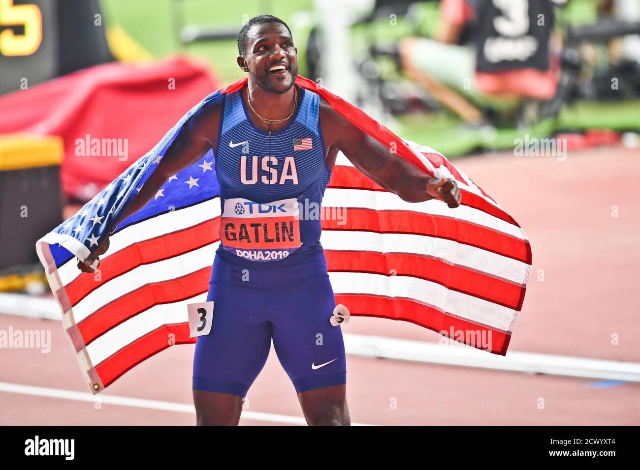 Justin Gatlin (USA) vince la medaglia d'argento nei 100 Metri Uomini finale. IAAF mondiale di atletica, Doha 2019 Foto Stock