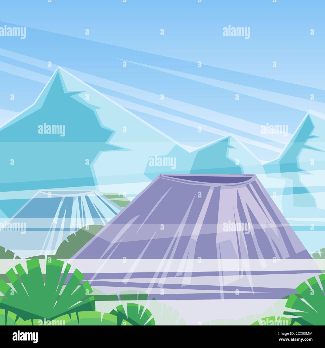 Picchi di montagne e vulcano in nuvole, illustrazione vettoriale. Natura paesaggio sfondo. Viaggi all'aperto e concetto di escursioni. Illustrazione Vettoriale