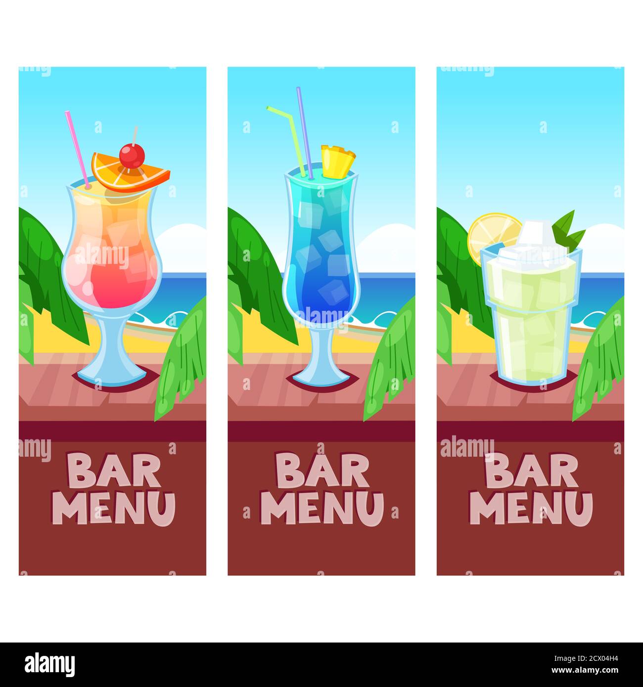 Modello di disegno vettoriale del menu della barra della spiaggia con la posizione per il testo. Pina colada, laguna blu, cocktail mojito su bancone bar in legno. Estate tropicale backgroun Illustrazione Vettoriale
