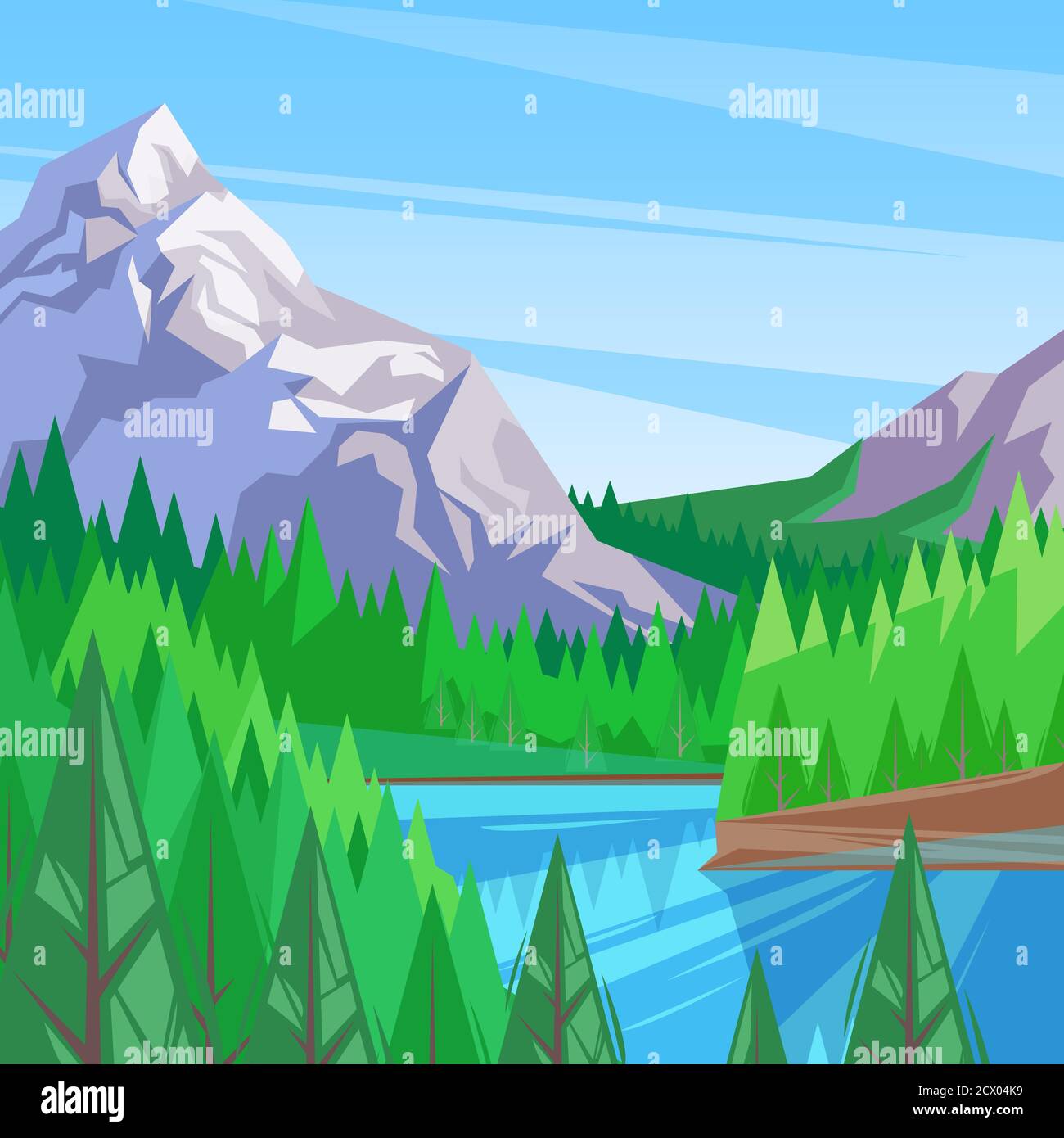 Lago nella valle di montagna, illustrazione vettoriale. Sfondo orizzontale. Fiume circondato da pineta. Concetto di viaggio all'aperto. Illustrazione Vettoriale