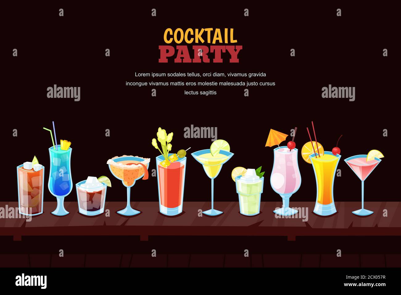 Cocktail party concetto. Sfondo del bar notturno con cocktail alcolici sul banco bar in legno. Illustrazione vettoriale. Illustrazione Vettoriale