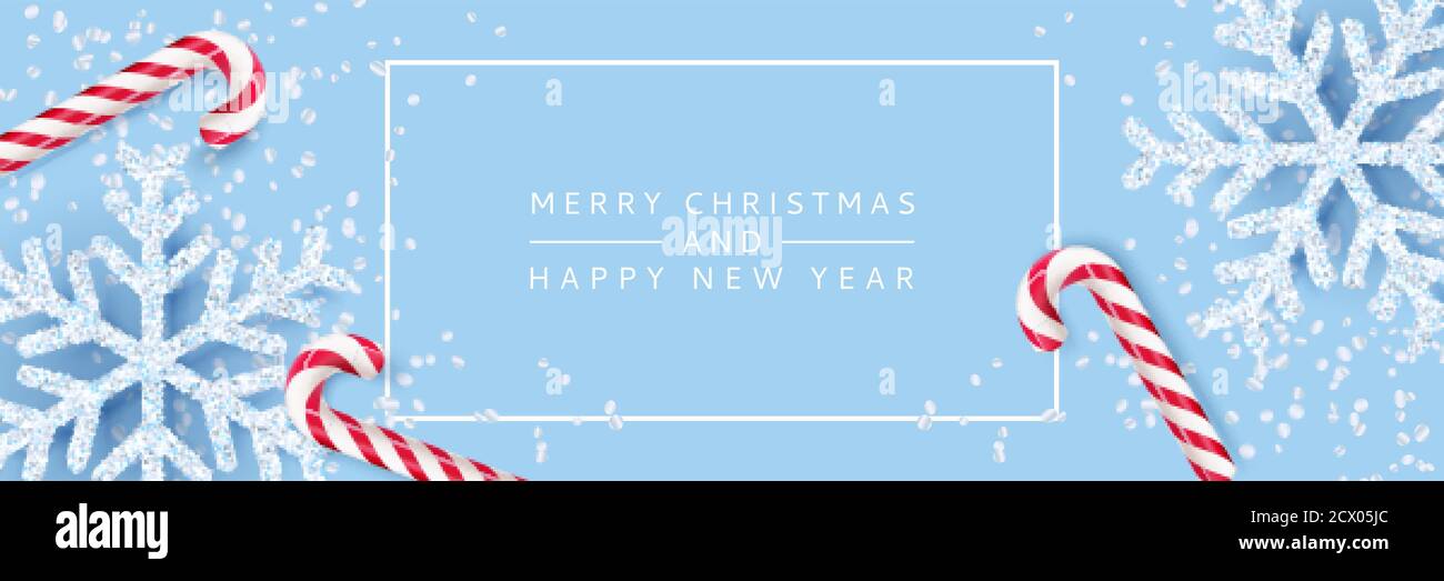 Buon Natale, buon anno banner, poster sfondo blu. Vector 3d illustrazione realistica di fiocchi di neve bianchi e caramelle a strisce. Moderno m Illustrazione Vettoriale